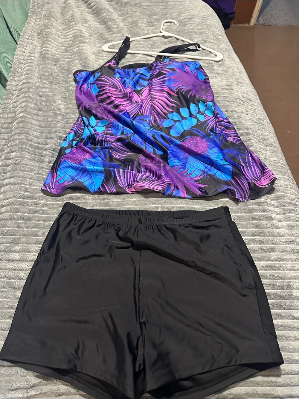 Tropical Purple & Blue Tankini Set with Black Swim Shorts